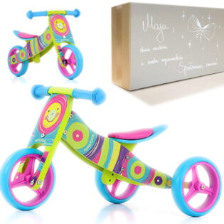 Tęczowy rowerek biegowy trójkołowy 2w1 Jake Rainbow Mint Milly Mally z personalizowanym pudełkiem na prezent na roczek dla dziewczynki