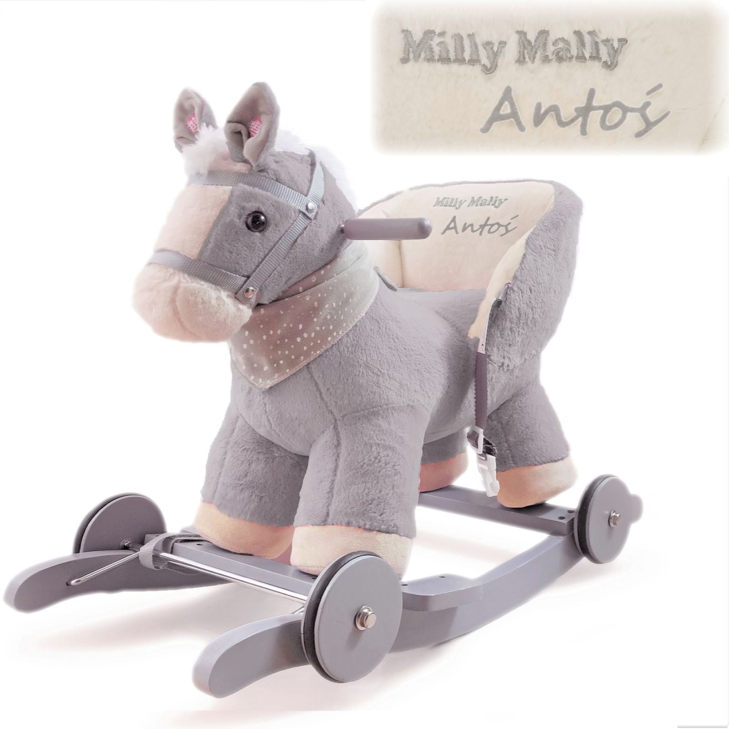 Konik na biegunach z oparciem Milly Mally Pony Gray z imieniem dziecka. Personalizowany prezent na roczek dla chłopca.
