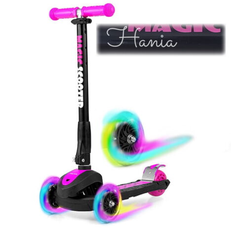 Różowa hulajnoga trójkołowa balansowa dla dziewczynki z naklejką z imieniem Hania. Scooter Magic Pinkn Milly Mally. Personalizowany prezent na 3 latka dla dziewczynki.