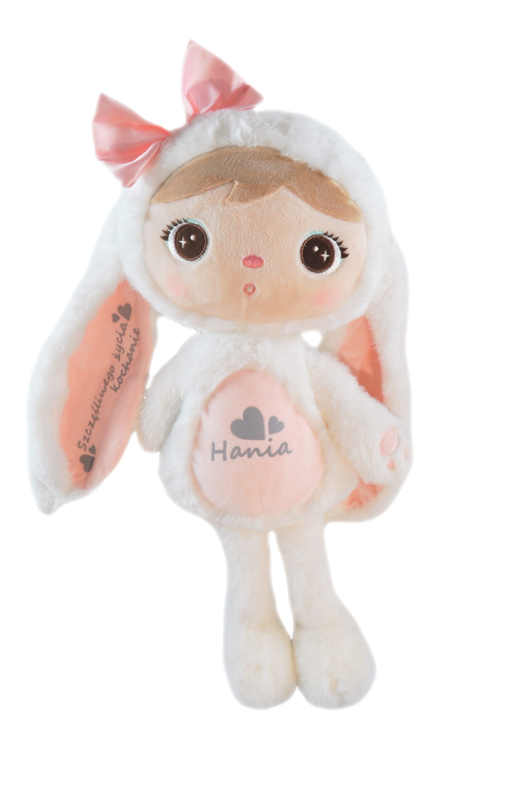 Biała Króliczek z kokardą z imieniem i życzeniami