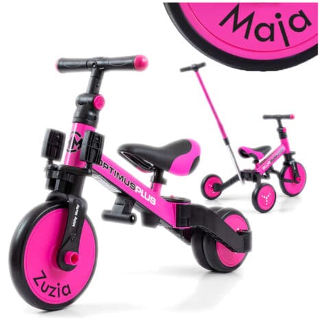 Personalizowany rowerek biegowy trójkołowy jeździk z rączką Optimus Plus Pink Milly Mally