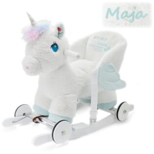 Konik na biegunach jednorożec white z personalizacją i dedykacją na oparciu